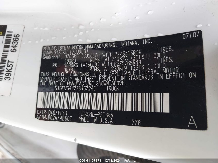 2007 Toyota Tundra Sr5 5.7L V8 VIN: 5TBEV54177S467245 Lot: 41107873