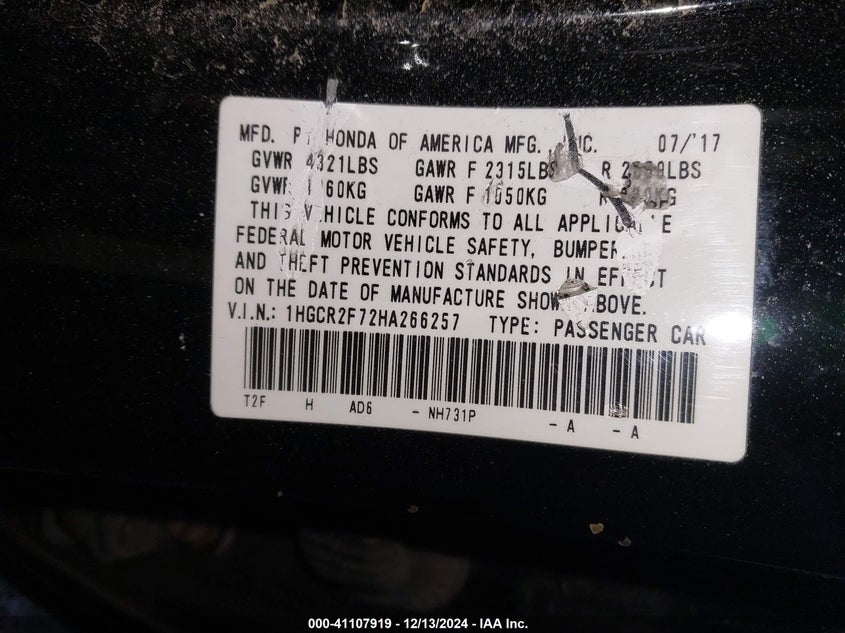 2017 HONDA ACCORD VIN: 1HGCR2F72HA266257