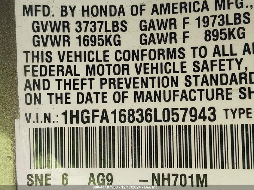2006 HONDA CIVIC VIN: 1HGFA16836L057943