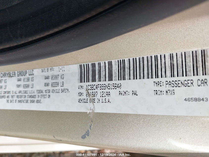 2011 CHRYSLER 200 VIN: 1C3BC4FB9BN515640