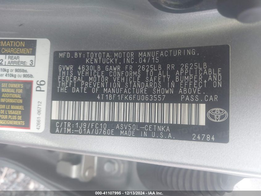 VIN 4T1BF1FK6FU063557 2015 Toyota Camry, LE no.9