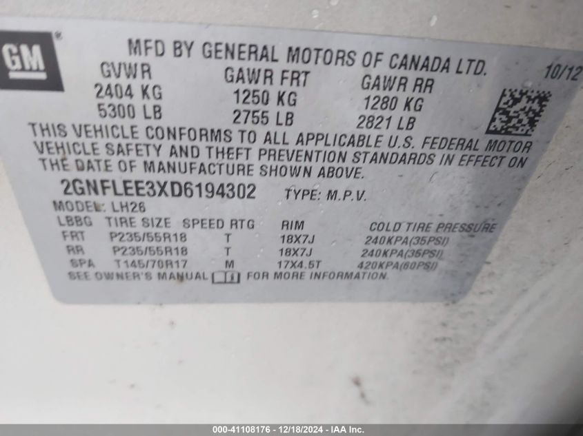 VIN 2GNFLEE3XD6194302 2013 Chevrolet Equinox, 1LT no.9