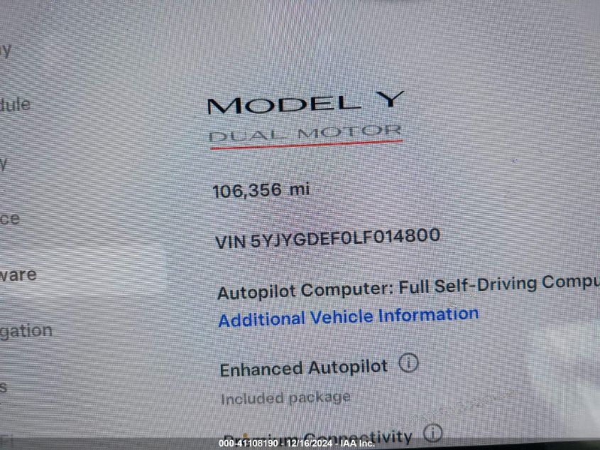 2020 Tesla Model Y Long Range Dual Motor All-Wheel Drive/Performance Dual Motor All-Wheel Drive VIN: 5YJYGDEF0LF014800 Lot: 41108190