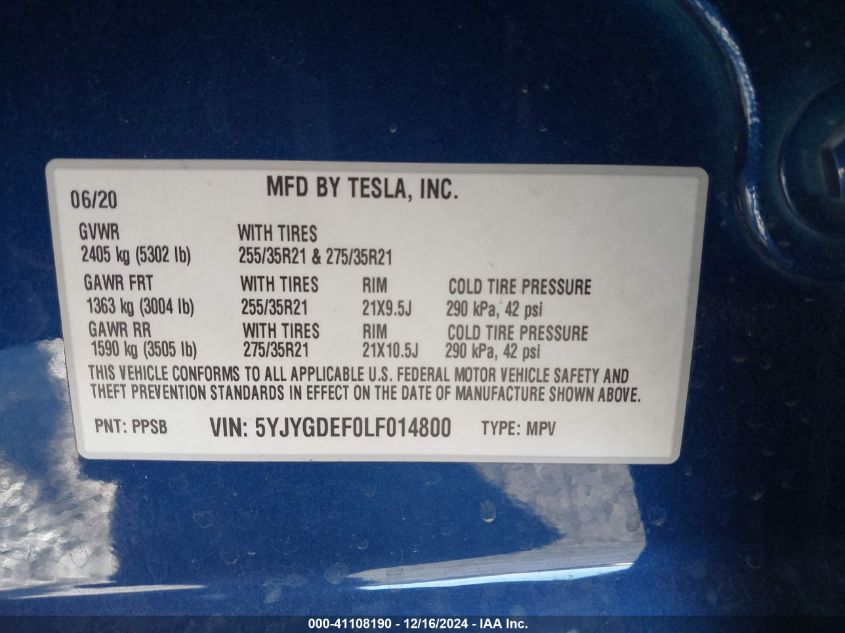 2020 Tesla Model Y Long Range Dual Motor All-Wheel Drive/Performance Dual Motor All-Wheel Drive VIN: 5YJYGDEF0LF014800 Lot: 41108190