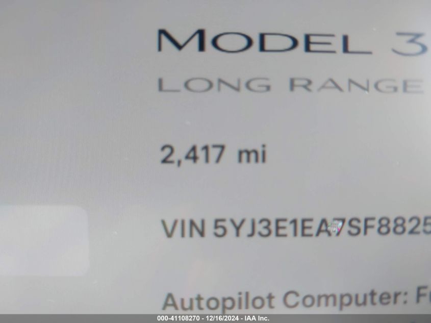 2025 Tesla Model 3 Long Range Rear-Wheel Drive VIN: 5YJ3E1EA7SF882505 Lot: 41108270