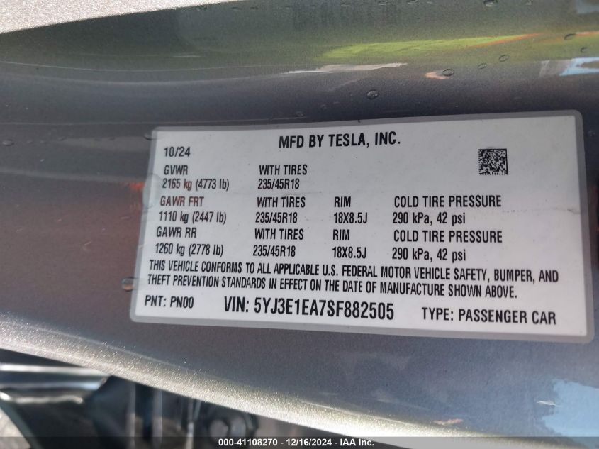 2025 Tesla Model 3 Long Range Rear-Wheel Drive VIN: 5YJ3E1EA7SF882505 Lot: 41108270