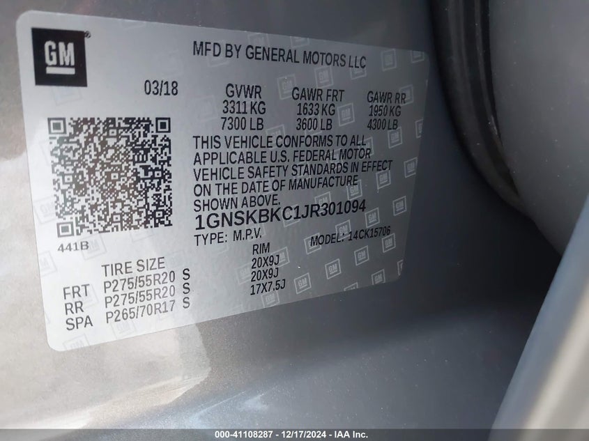 2018 CHEVROLET TAHOE LT - 1GNSKBKC1JR301094