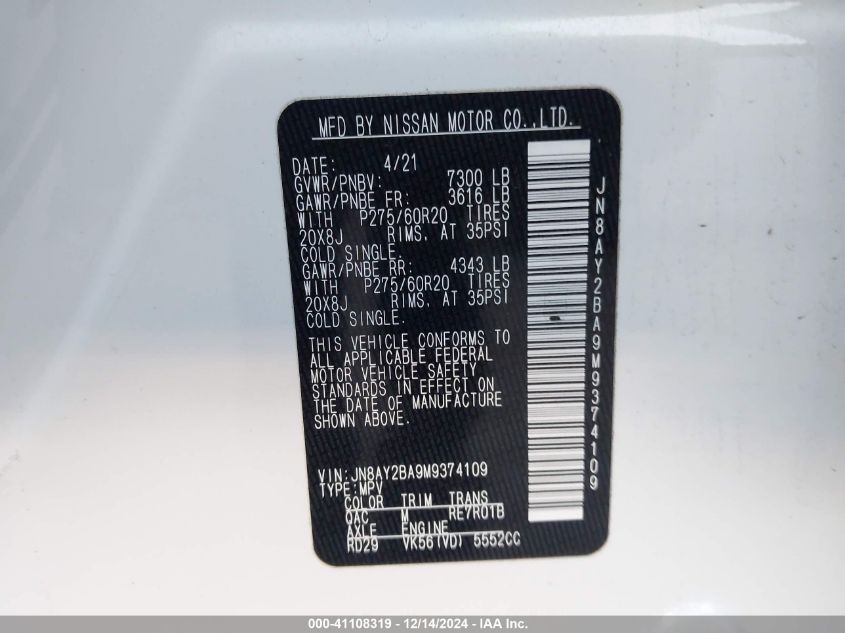 2021 NISSAN ARMADA SL 2WD - JN8AY2BA9M9374109