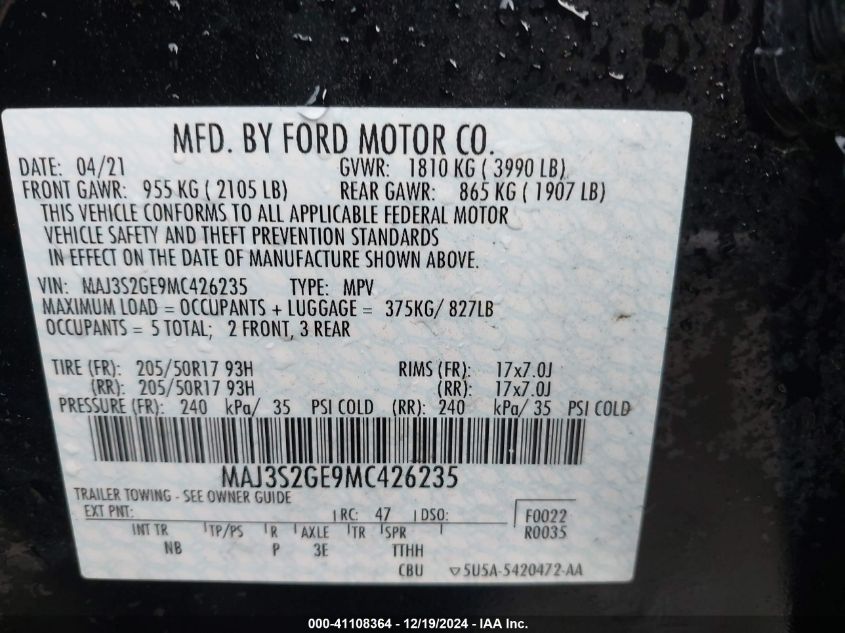 2021 Ford Ecosport Se VIN: MAJ3S2GE9MC426235 Lot: 41108364