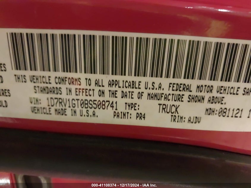 2011 Ram Ram 1500 Sport VIN: 1D7RV1GT0BS508741 Lot: 41108374