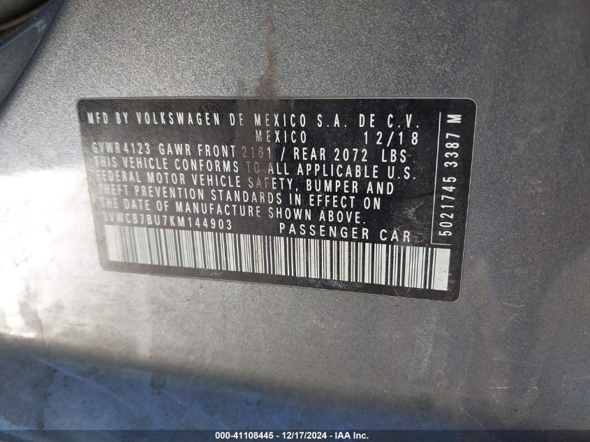 2019 Volkswagen Jetta 1.4T R-Line/1.4T S/1.4T Se VIN: 3VWCB7BU7KM144903 Lot: 41108445