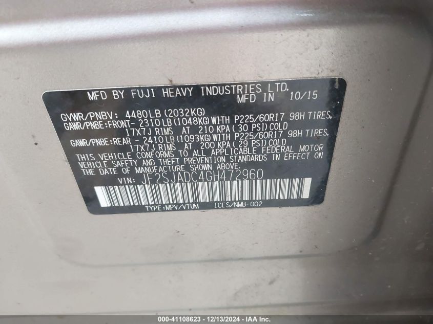 VIN JF2SJADC4GH472960 2016 SUBARU FORESTER no.9