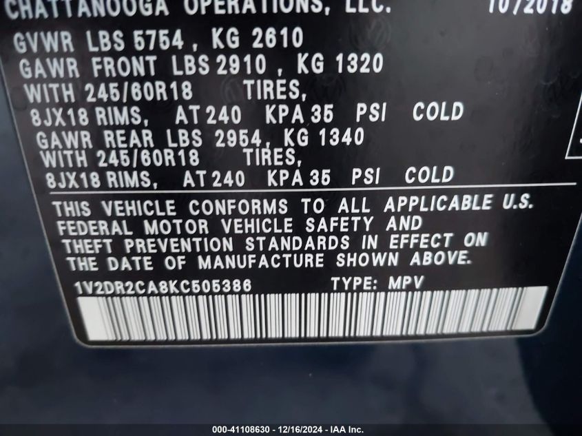 VIN 1V2DR2CA8KC505386 2019 Volkswagen Atlas, 3.6L V... no.9