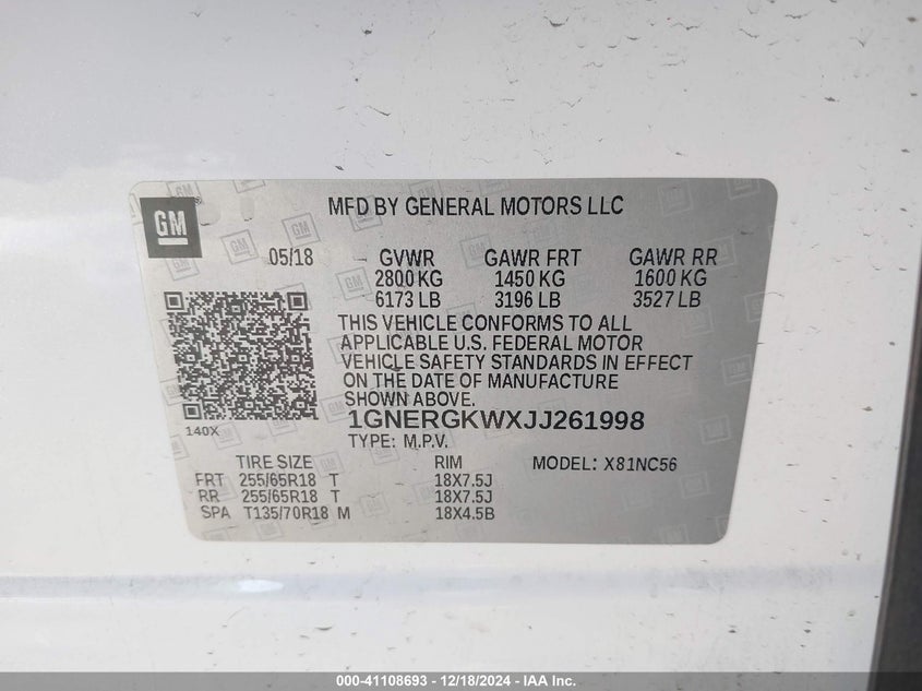 2018 Chevrolet Traverse 1Lt VIN: 1GNERGKWXJJ261998 Lot: 41108693