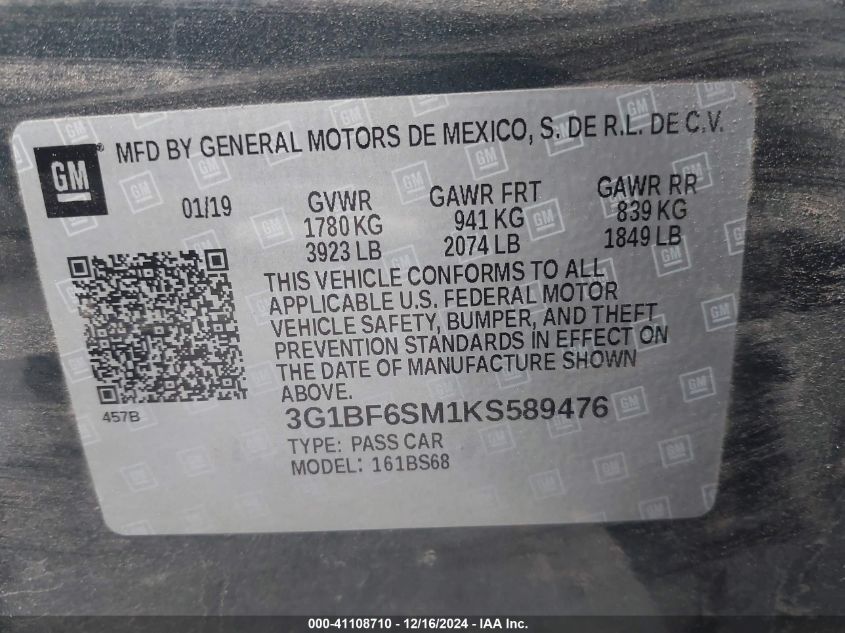 VIN 3G1BF6SM1KS589476 2019 Chevrolet Cruze, Premier no.9