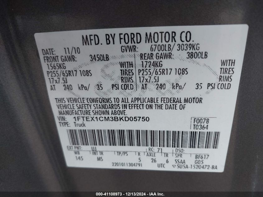 2011 Ford F-150 Xlt VIN: 1FTEX1CM3BKD05750 Lot: 41108973