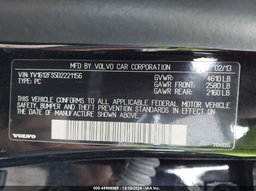 VIN YV1612FS5D2221156 2013 VOLVO S60 no.9