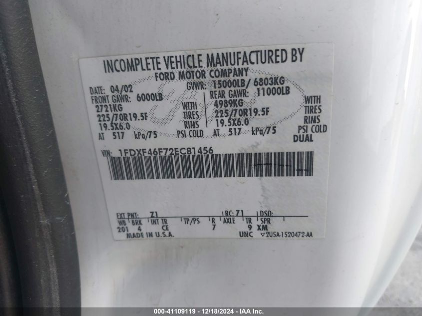 2002 Ford F-450 Chassis Xl/Xlt VIN: 1FDXF46F72FCB1456 Lot: 41109119