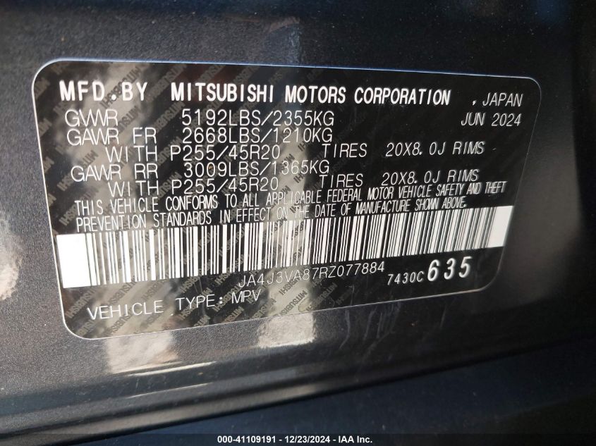 2024 Mitsubishi Outlander Se/Black Edition VIN: JA4J3VA87RZ077884 Lot: 41109191