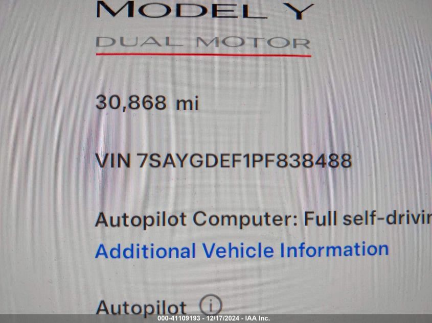 2023 Tesla Model Y Performance Dual Motor All-Wheel Drive VIN: 7SAYGDEF1PF838488 Lot: 41109193