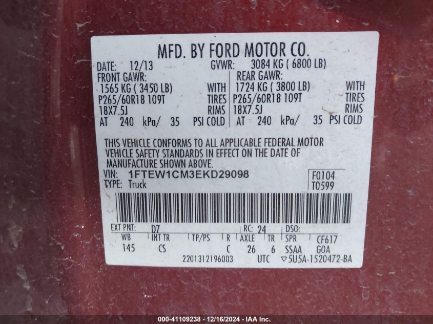 VIN 1FTEW1CM3EKD29098 2014 Ford F-150, Stx no.9