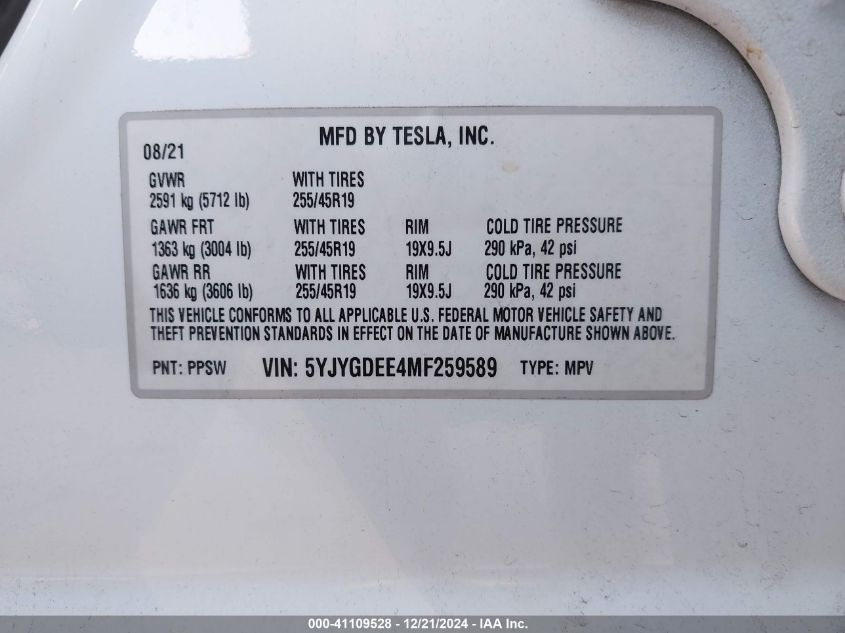 VIN 5YJYGDEE4MF259589 2021 TESLA MODEL Y no.9