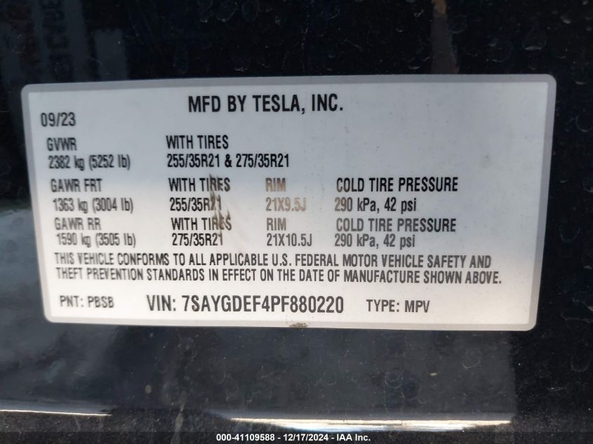 2023 Tesla Model Y Performance Dual Motor All-Wheel Drive VIN: 7SAYGDEF4PF880220 Lot: 41109588