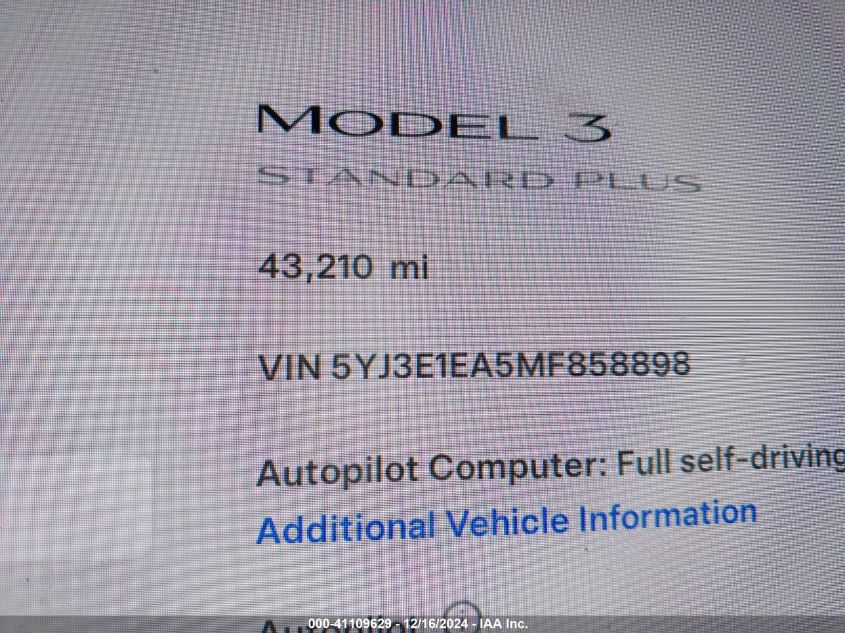 2021 Tesla Model 3 Standard Range Plus Rear-Wheel Drive VIN: 5YJ3E1EA5MF858898 Lot: 41109629