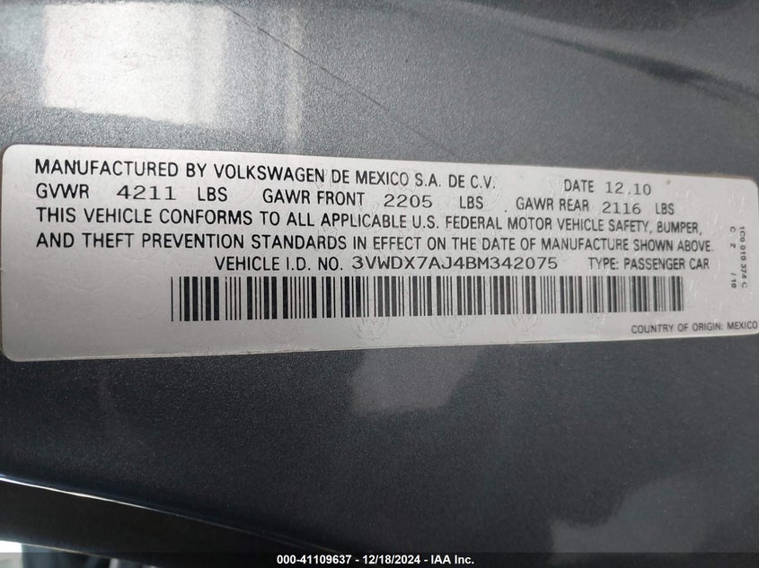 2011 VOLKSWAGEN JETTA VIN: 3VWDX7AJ4BM342075