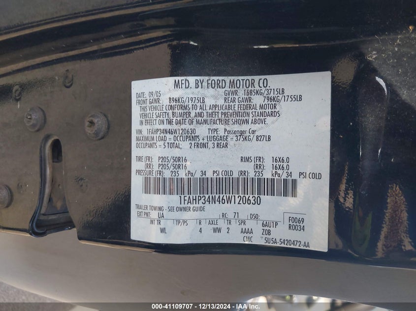 2006 FORD FOCUS VIN: 1FAHP34N46W120630