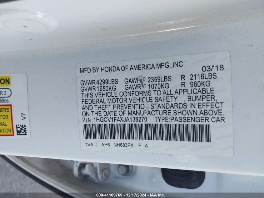 VIN 1HGCV1F4XJA138270 2018 Honda Accord, EX no.9