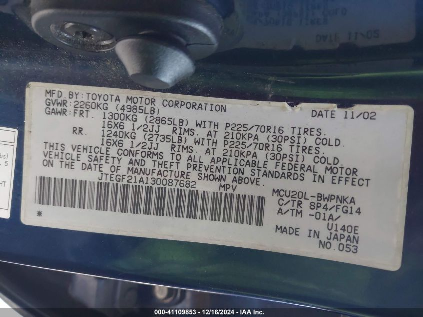 2003 Toyota Highlander V6 VIN: JTEGF21A130087682 Lot: 41109853