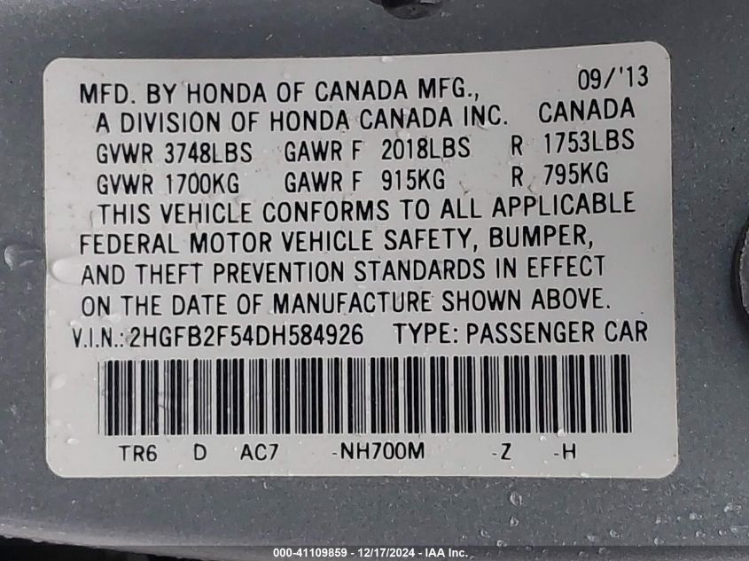 VIN 2HGFB2F54DH584926 2013 HONDA CIVIC no.9