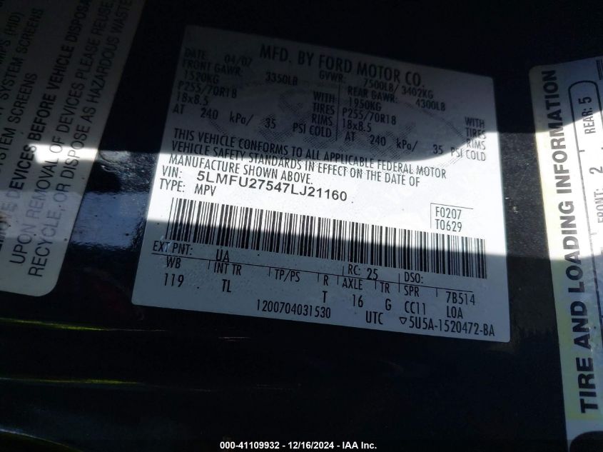 2007 Lincoln Navigator Ultimate VIN: 5LMFU27547LJ21160 Lot: 41109932