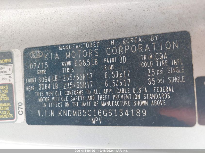 VIN KNDMB5C16G6134189 2016 KIA Sedona, LX no.9