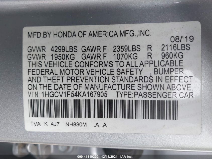 VIN 1HGCV1F54KA167905 2019 HONDA ACCORD no.9