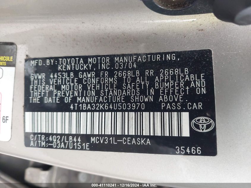 2004 Toyota Camry Se V6 VIN: 4T1BA32K64U503970 Lot: 41110241