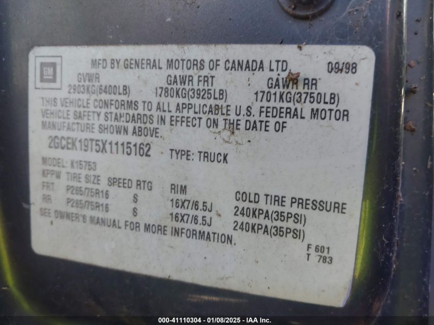 1999 Chevrolet Silverado K1500 VIN: 2GCEK19T5X1115162 Lot: 41110304