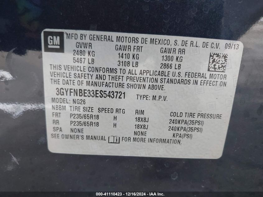 VIN 3GYFNBE33ES543721 2014 CADILLAC SRX no.9