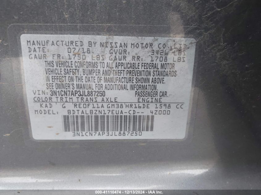 VIN 3N1CN7AP3JL887250 2018 NISSAN VERSA no.9