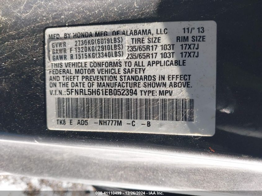 VIN 5FNRL5H61EB052394 2014 Honda Odyssey, Ex-L no.9