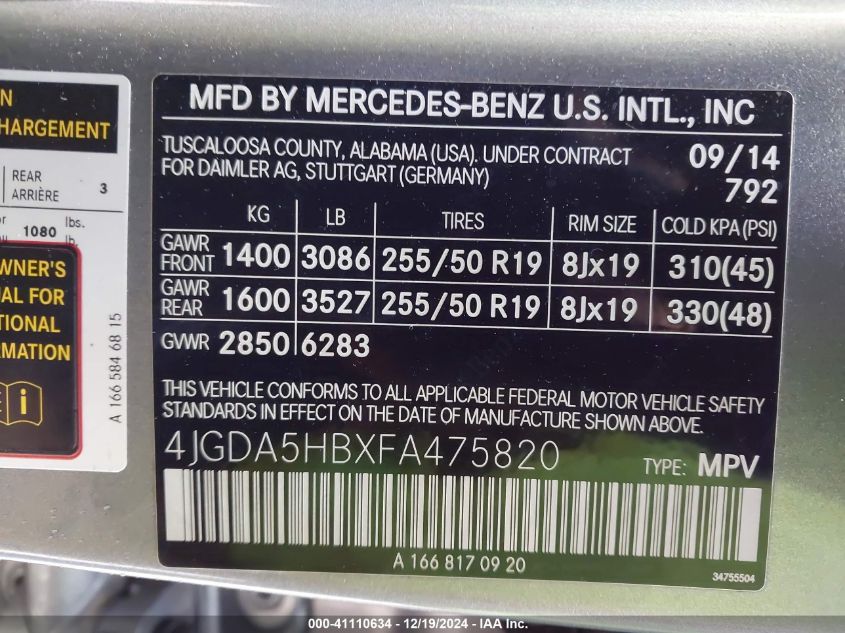 VIN 4JGDA5HBXFA475820 2015 Mercedes-Benz ML 350, 4M... no.9