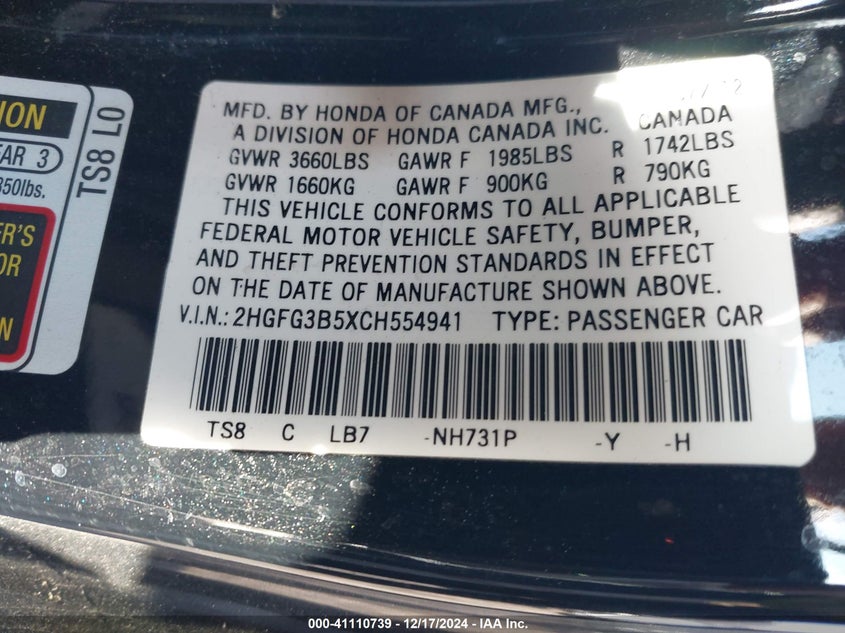 2012 HONDA CIVIC VIN: 2HGFG3B5XCH554941