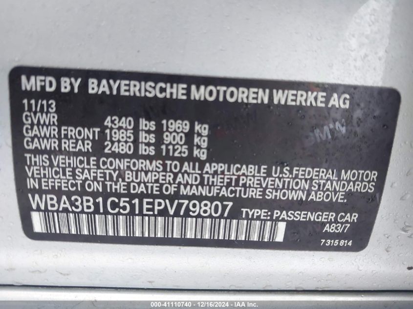 VIN WBA3B1C51EPV79807 2014 BMW 3 Series, 320I no.9