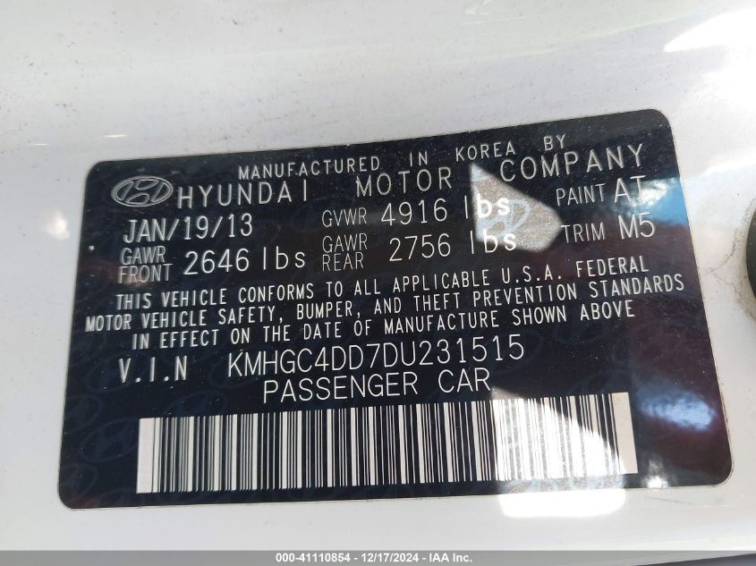 2013 Hyundai Genesis 3.8 VIN: KMHGC4DD7DU231515 Lot: 41110854