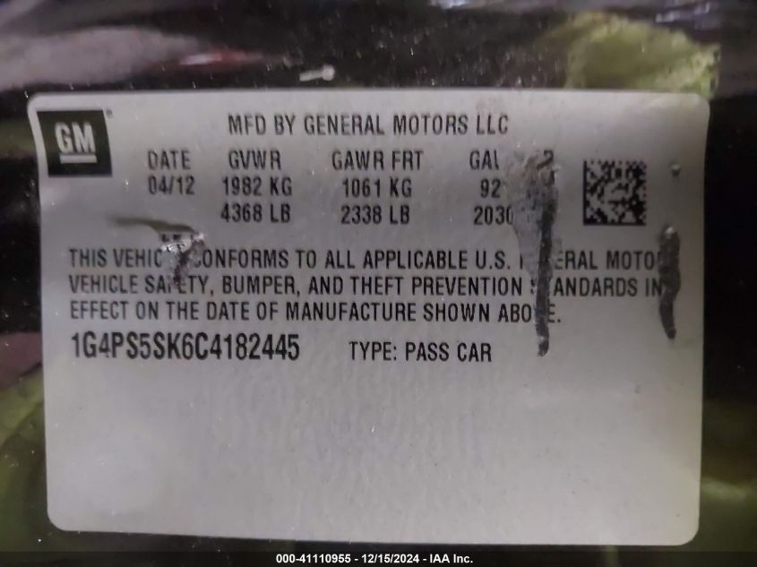 2012 BUICK VERANO VIN: 1G4PS5SK6C4182445