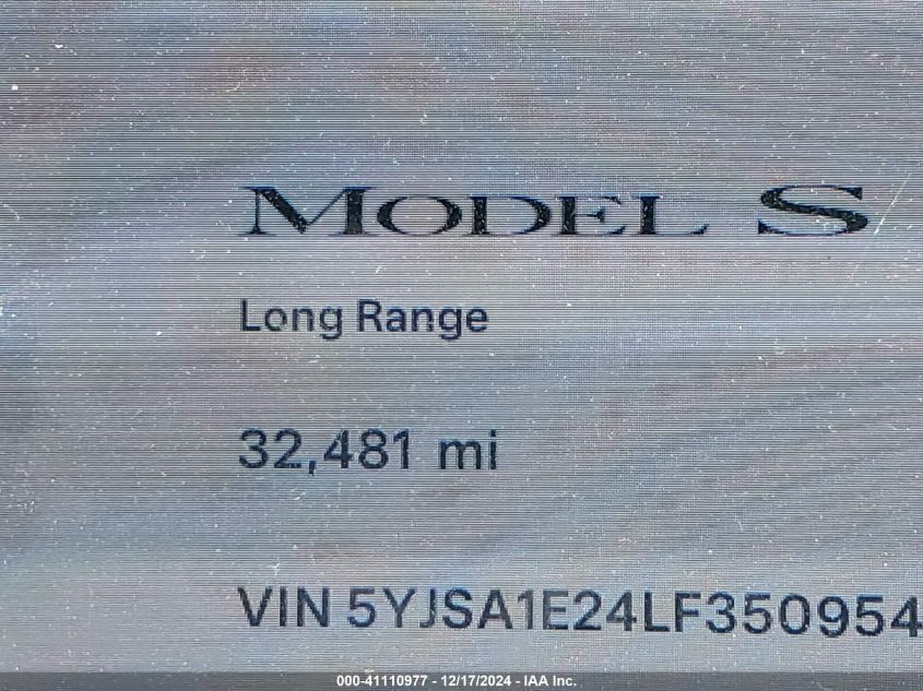 2020 Tesla Model S Long Range Dual Motor All-Wheel Drive/Long Range Plus Dual Motor All-Wheel Drive VIN: 5YJSA1E24LF350954 Lot: 41110977