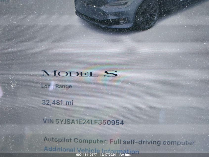 2020 Tesla Model S Long Range Dual Motor All-Wheel Drive/Long Range Plus Dual Motor All-Wheel Drive VIN: 5YJSA1E24LF350954 Lot: 41110977