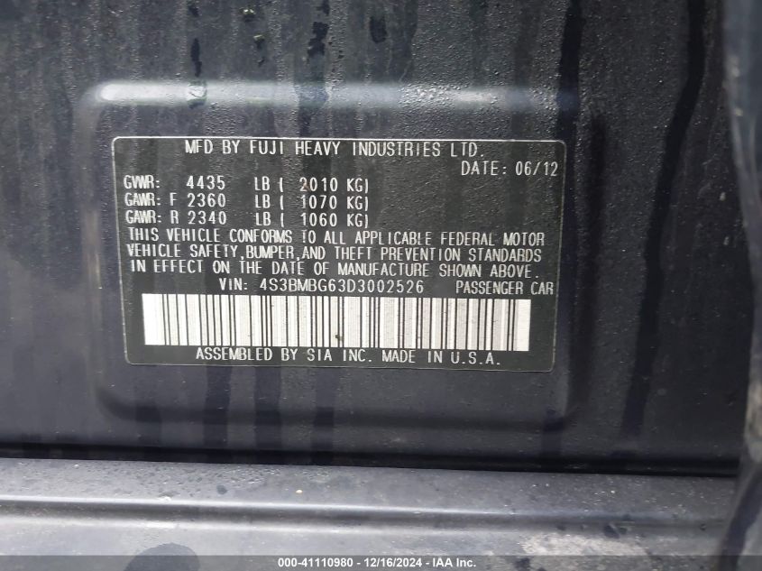 VIN 4S3BMBG63D3002526 2013 Subaru Legacy, 2.5I Premium no.9