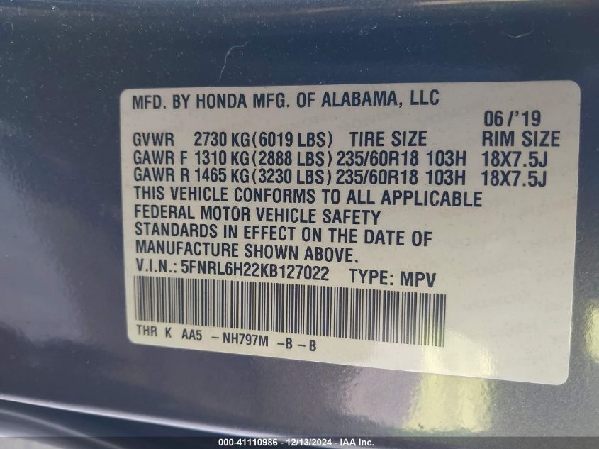 VIN 5FNRL6H22KB127022 2019 HONDA ODYSSEY no.9